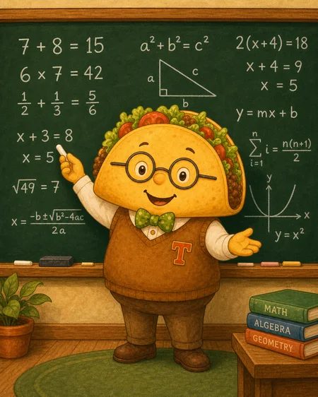 数式が書かれた黒板の前で講義するTeacherTacos
